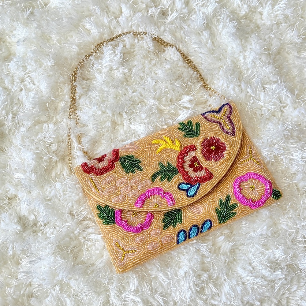 Hand-Beaded Peach Floral Envelope Clutch with Gold Chain